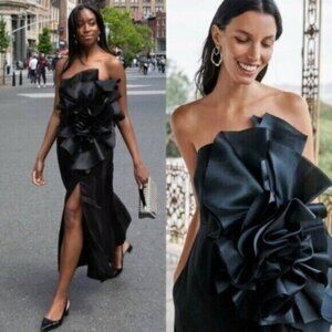 Aje Energy Organza Linen Strapless Black Midi Dress US Size 12